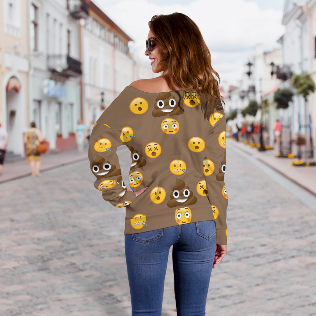 Women Teen Off Shoulder Sweater Emojis Happy Poo I LOVE PLANNERS