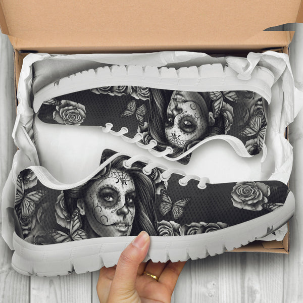 Black and White Sugar Skull Girl Womens Athletic Sneakers