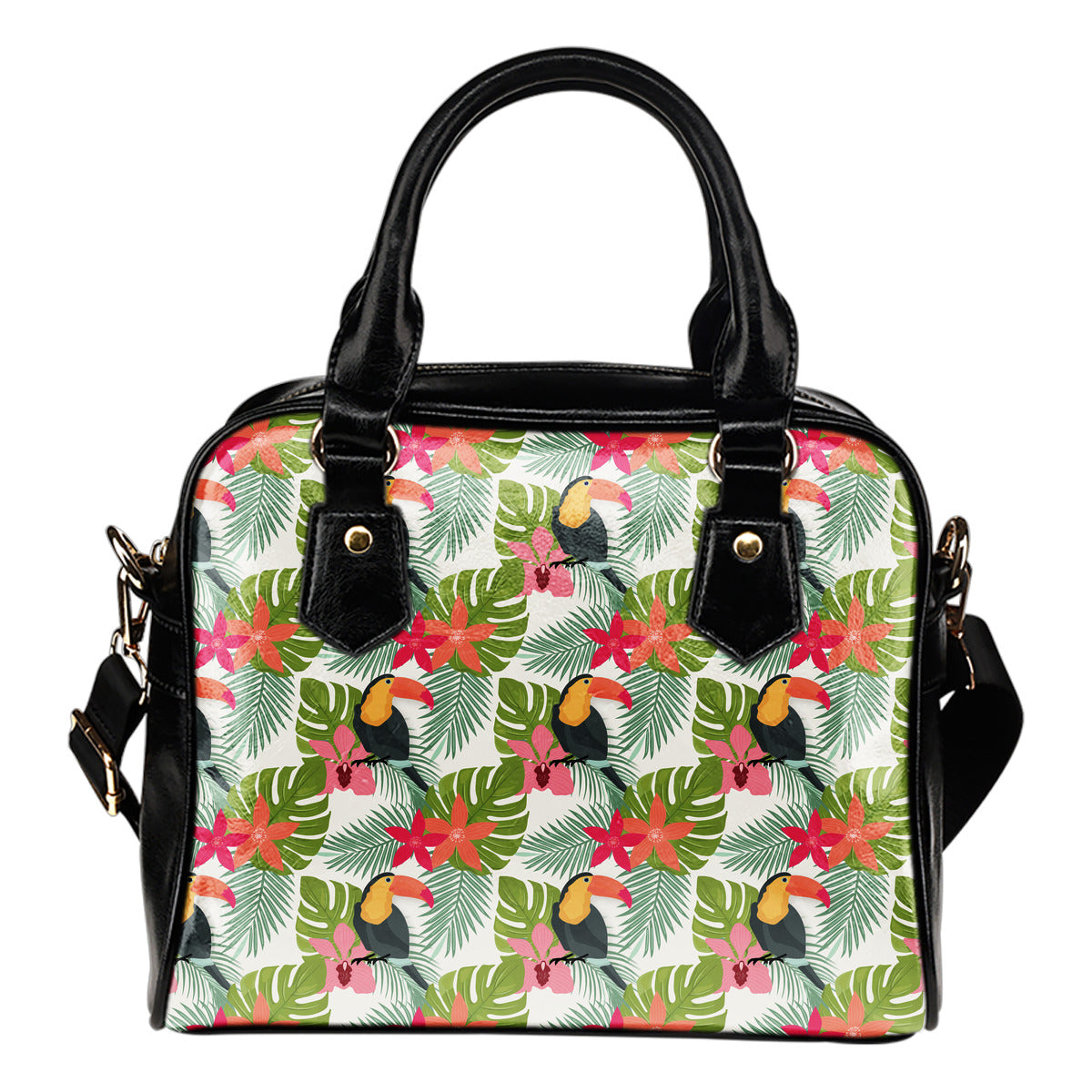 Tropical (A7) Theme Women Fashion Shoulder Handbag Black Vegan Faux Leather