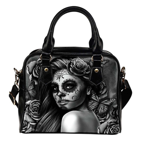 Grey Sugar Skull Girl Theme Women Fashion Shoulder Handbag Black Vegan Faux Leather - STUDIO 11 COUTURE