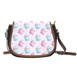 Baking Themed Sweet Cupcakes Crossbody Shoulder Canvas Leather Saddle Bag