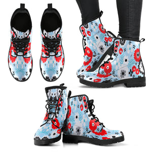 Blue Red White Floral Women Leather Boots