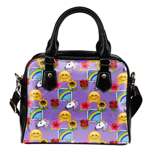Fun Emojis Happy Place Theme Women Fashion Shoulder Handbag Black Vegan Faux Leather - STUDIO 11 COUTURE