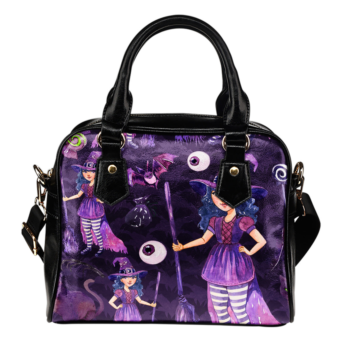Witch Themed Design B2 Women Fashion Shoulder Handbag Black Vegan Faux Leather