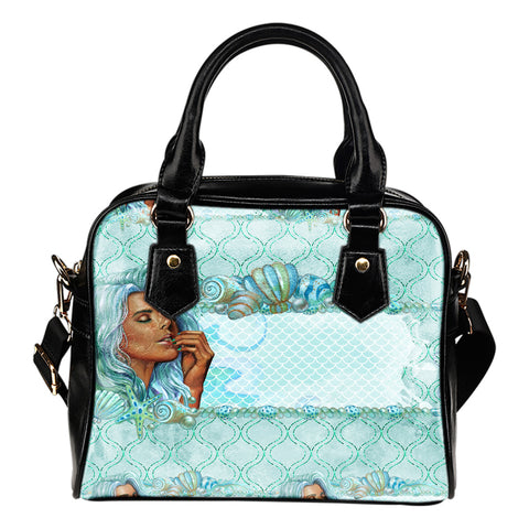 Summer Mermaid Themed Design B2 Women Fashion Shoulder Handbag Black Vegan Faux Leather