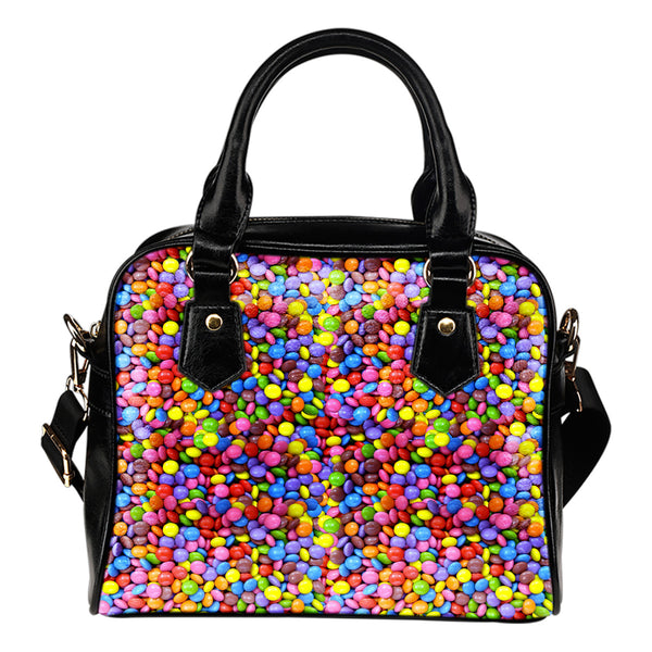Candy Themed Design Colorful Chocolates #A14 Women Fashion Shoulder Handbag Black Vegan Faux Leather