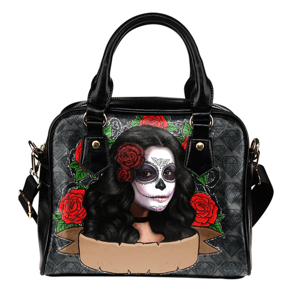 Sugar Skull (A7) Theme Women Fashion Shoulder Handbag Black Vegan Faux Leather - STUDIO 11 COUTURE