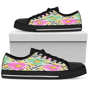 Black and White Zigzag Floral Women Low Top Shoes
