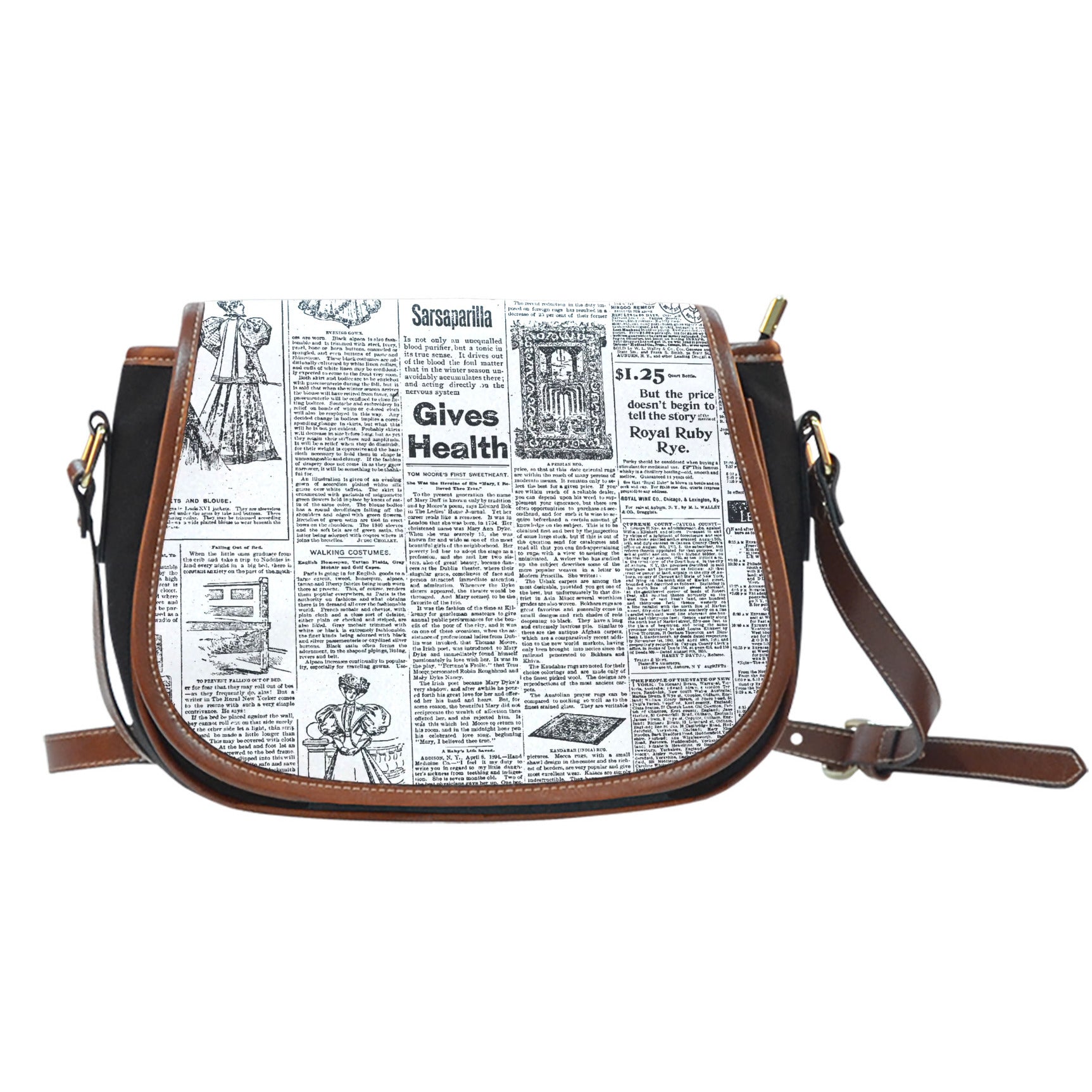 Newspaper (H7) Crossbody Shoulder Canvas Leather Saddle Bag
