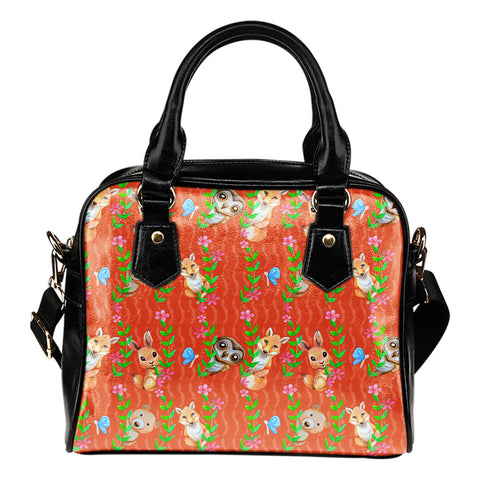 Woodland Themed Design B7 Women Fashion Shoulder Handbag Black Vegan Faux Leather