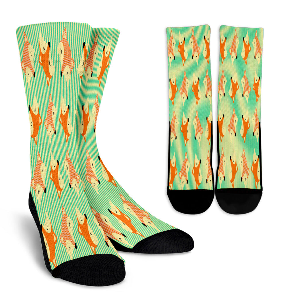 Cute Green Stripe Large Fox Crew Socks