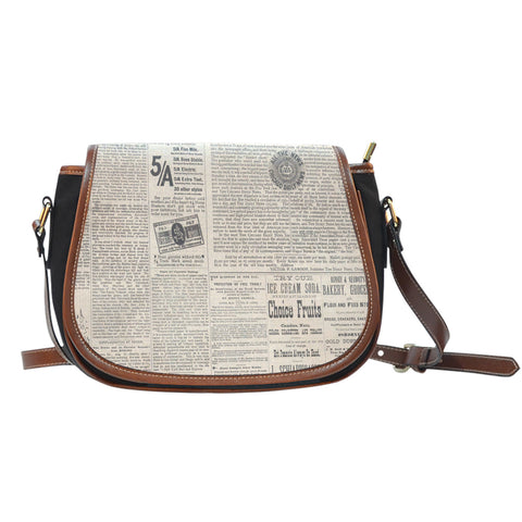 Old Newspaper Themed Design 15 Crossbody Shoulder Canvas Leather Saddle Bag