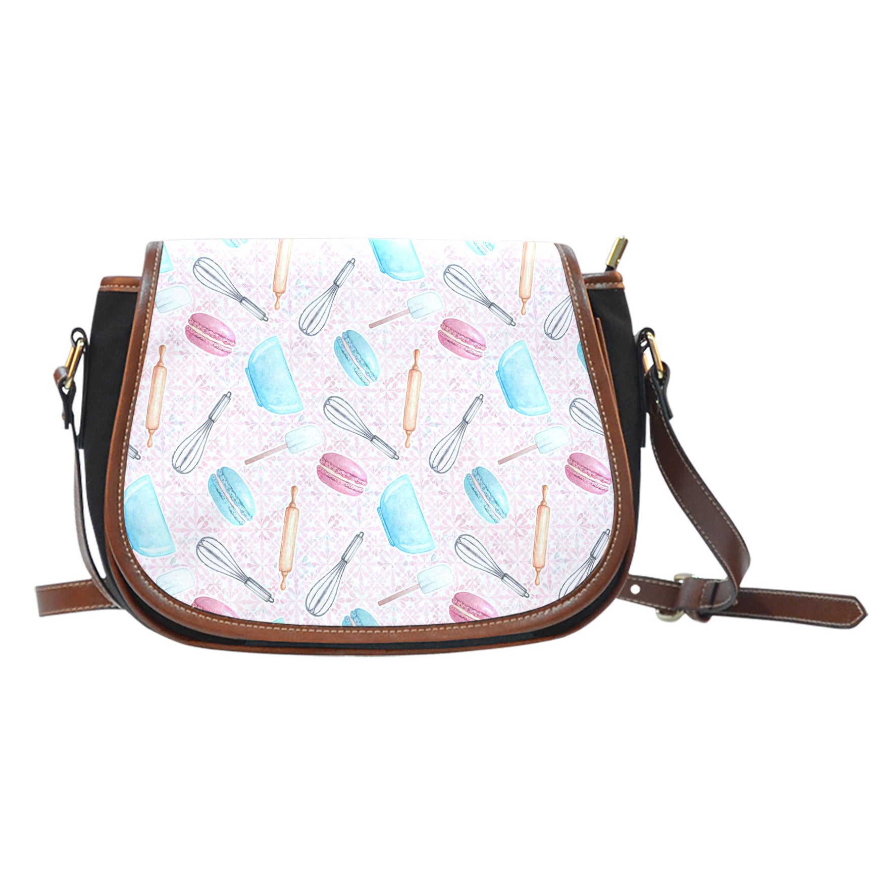 Baking Themed Rolling Pin And Whisk Tool Crossbody Shoulder Canvas Leather Saddle Bag