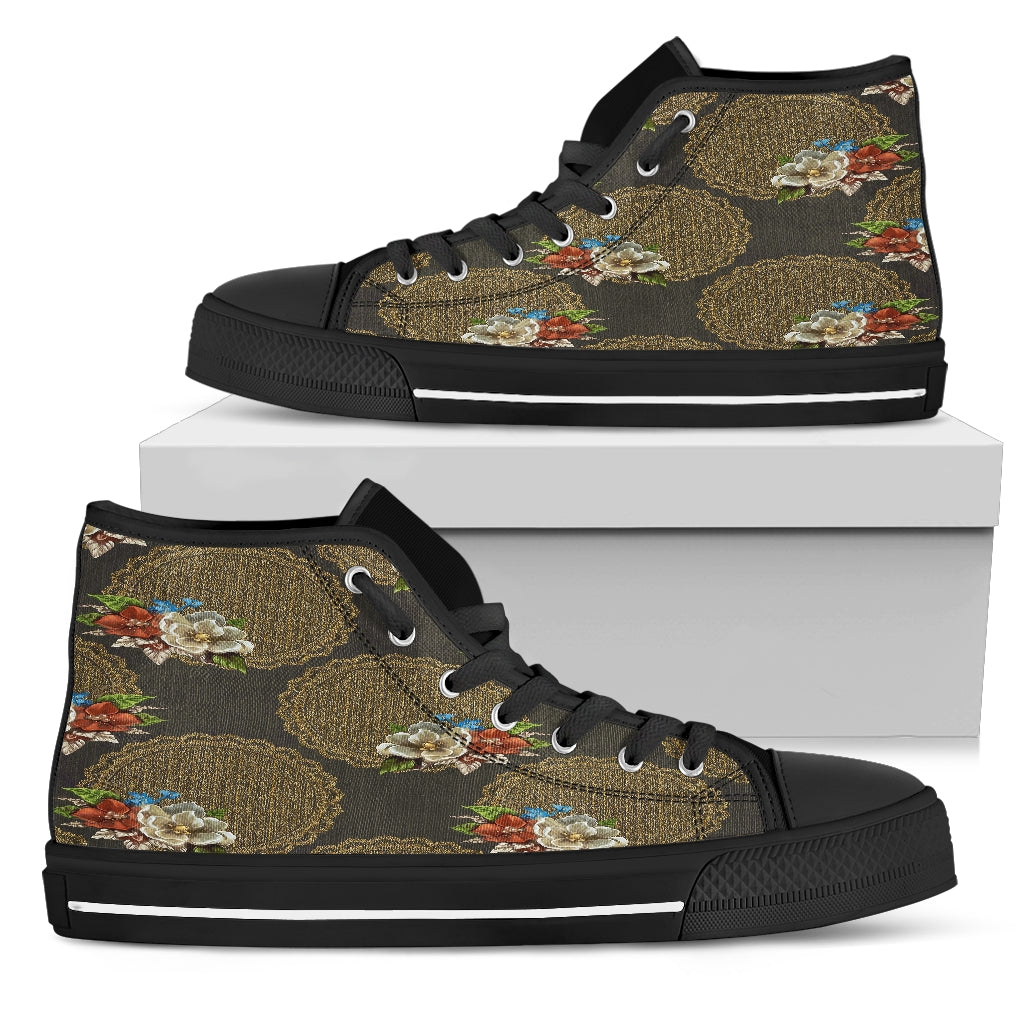 Gold Floral Women High Top Shoes