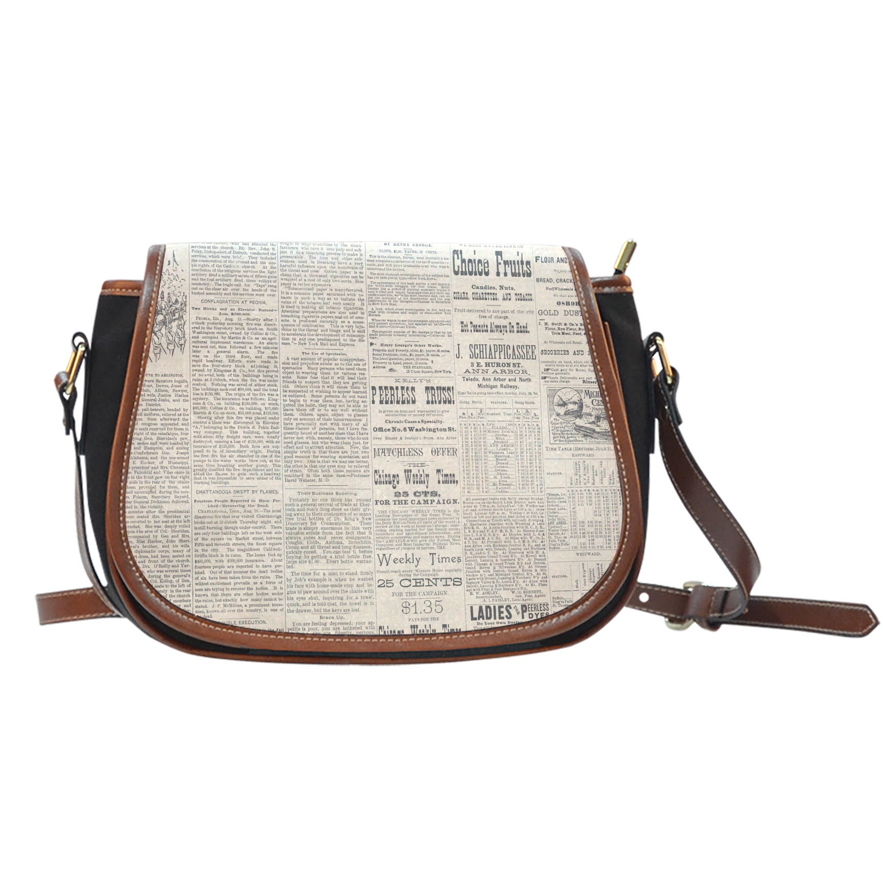 Old Newspaper Themed Design 2 Crossbody Shoulder Canvas Leather Saddle Bag