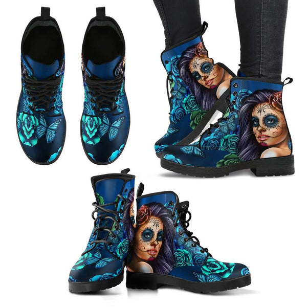 Blue Sugar Skull Girl Womens Leather Boots