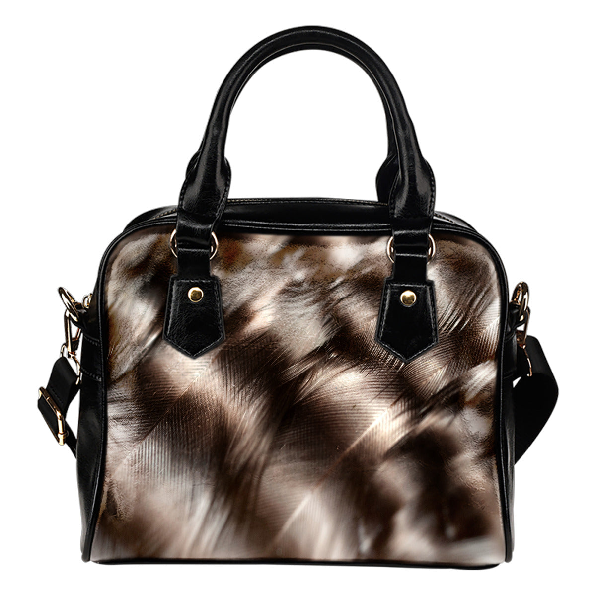 Feather Themed Design #B07 Women Fashion Shoulder Handbag Black Vegan Faux Leather
