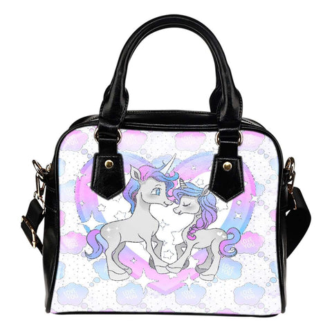 Unicorn Love Theme Women Fashion Shoulder Handbag Black Vegan Faux Leather - STUDIO 11 COUTURE