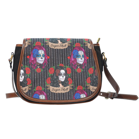 Sugar Skull Themed Design 14 Crossbody Shoulder Canvas Leather Saddle Bag