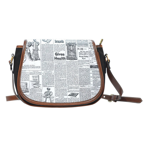 Old Newspaper Themed Design 5 Crossbody Shoulder Canvas Leather Saddle Bag