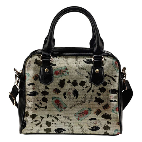 Beauty And The Best Rose Theme Women Fashion Shoulder Handbag Black Vegan Faux Leather