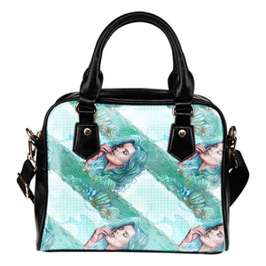 Summer Mermaid Themed Design B1 Women Fashion Shoulder Handbag Black Vegan Faux Leather