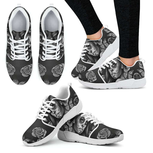Black and White Sugar Skull Girl Womens Athletic Sneakers - STUDIO 11 COUTURE