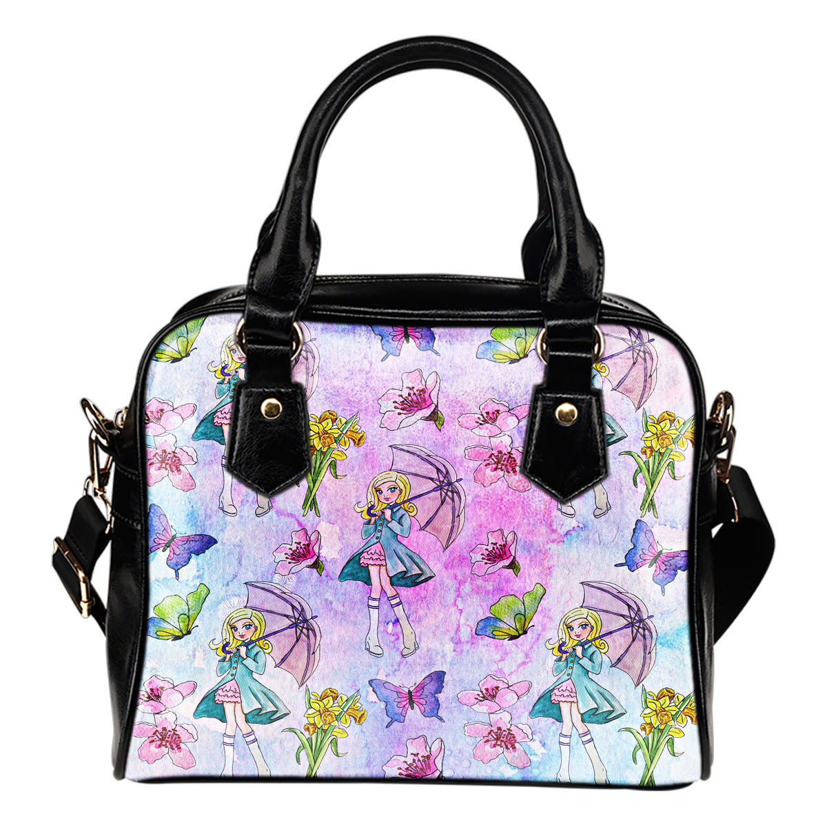 Spring Paper Themed Design B5 Women Fashion Shoulder Handbag Black Vegan Faux Leather