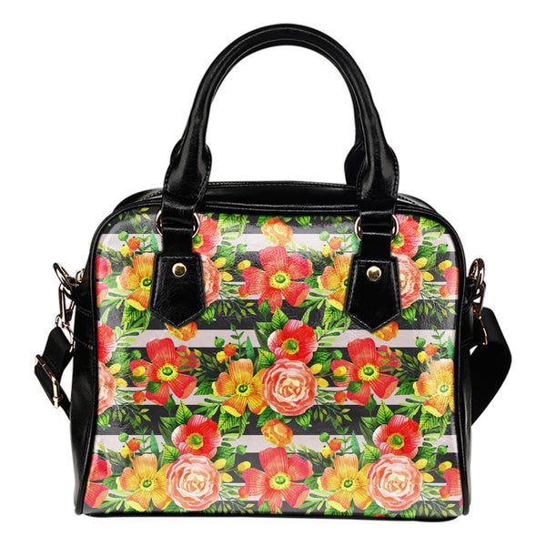 Floral Spring (A10) Theme Women Fashion Shoulder Handbag Black Vegan Faux Leather