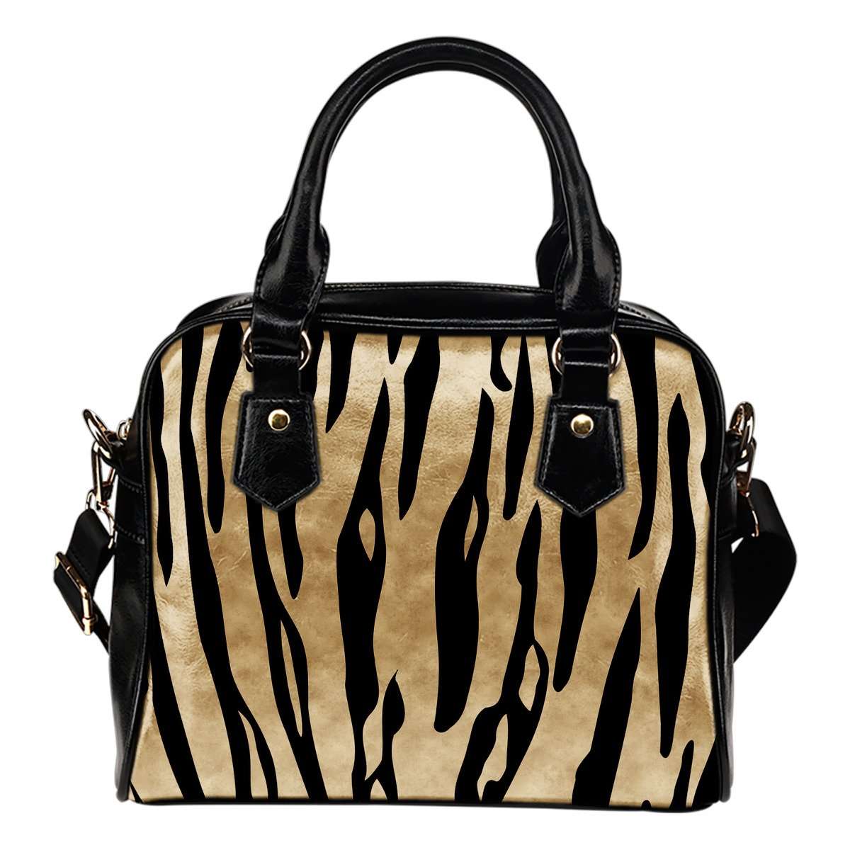 Animal Prints White Tiger Stripes Theme Women Fashion Shoulder Handbag Black Vegan Faux Leather
