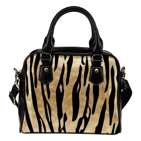 Animal Prints White Tiger Stripes Theme Women Fashion Shoulder Handbag Black Vegan Faux Leather