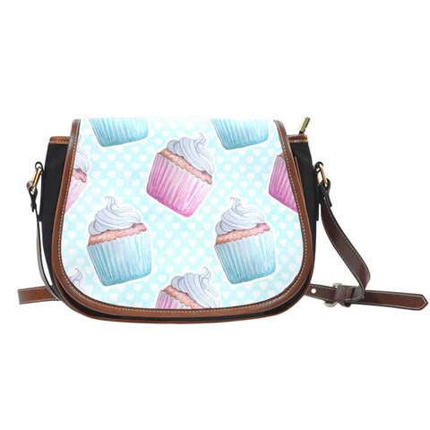 Baking Themed Sweet Cupcakes 2 Crossbody Shoulder Canvas Leather Saddle Bag
