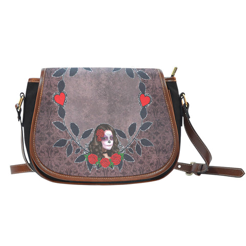 Sugar Skull Themed Design 4 Crossbody Shoulder Canvas Leather Saddle Bag