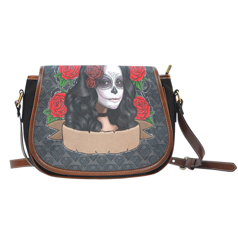 Sugar Skull Themed Design 3 Crossbody Shoulder Canvas Leather Saddle Bag
