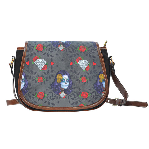 Sugar Skull Themed Design 12 Crossbody Shoulder Canvas Leather Saddle Bag