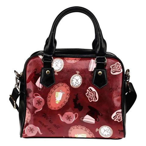 Alice In Wonderland Mad Hatter Theme Women Fashion Shoulder Handbag Black Vegan Faux Leather