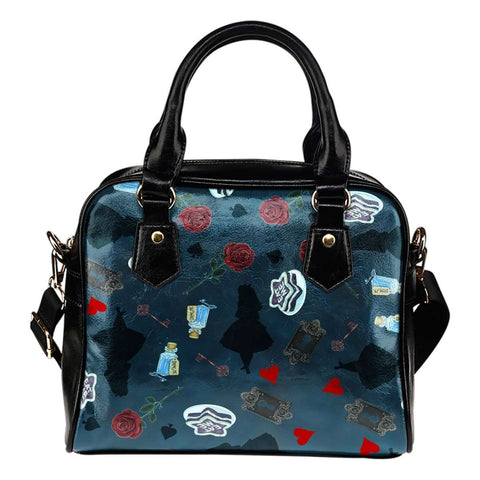 Alice In Wonderland Silhouette Drink Me Eat Me Red Roses Gold Keys Blue Shoulder Handbag