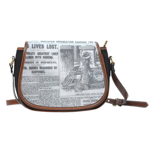 Old Newspaper Themed Design 12 Crossbody Shoulder Canvas Leather Saddle Bag
