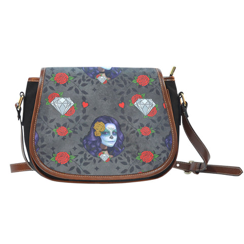 Sugarskull (J3) Crossbody Shoulder Canvas Leather Saddle Bag