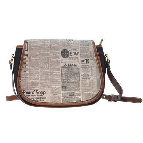 Old Newspaper Themed Design 7 Crossbody Shoulder Canvas Leather Saddle Bag