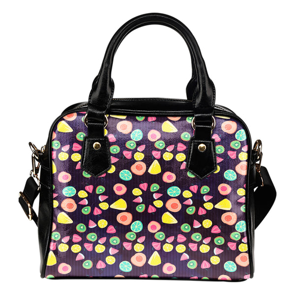 Fruits Themed Design B8 Women Fashion Shoulder Handbag Black Vegan Faux Leather