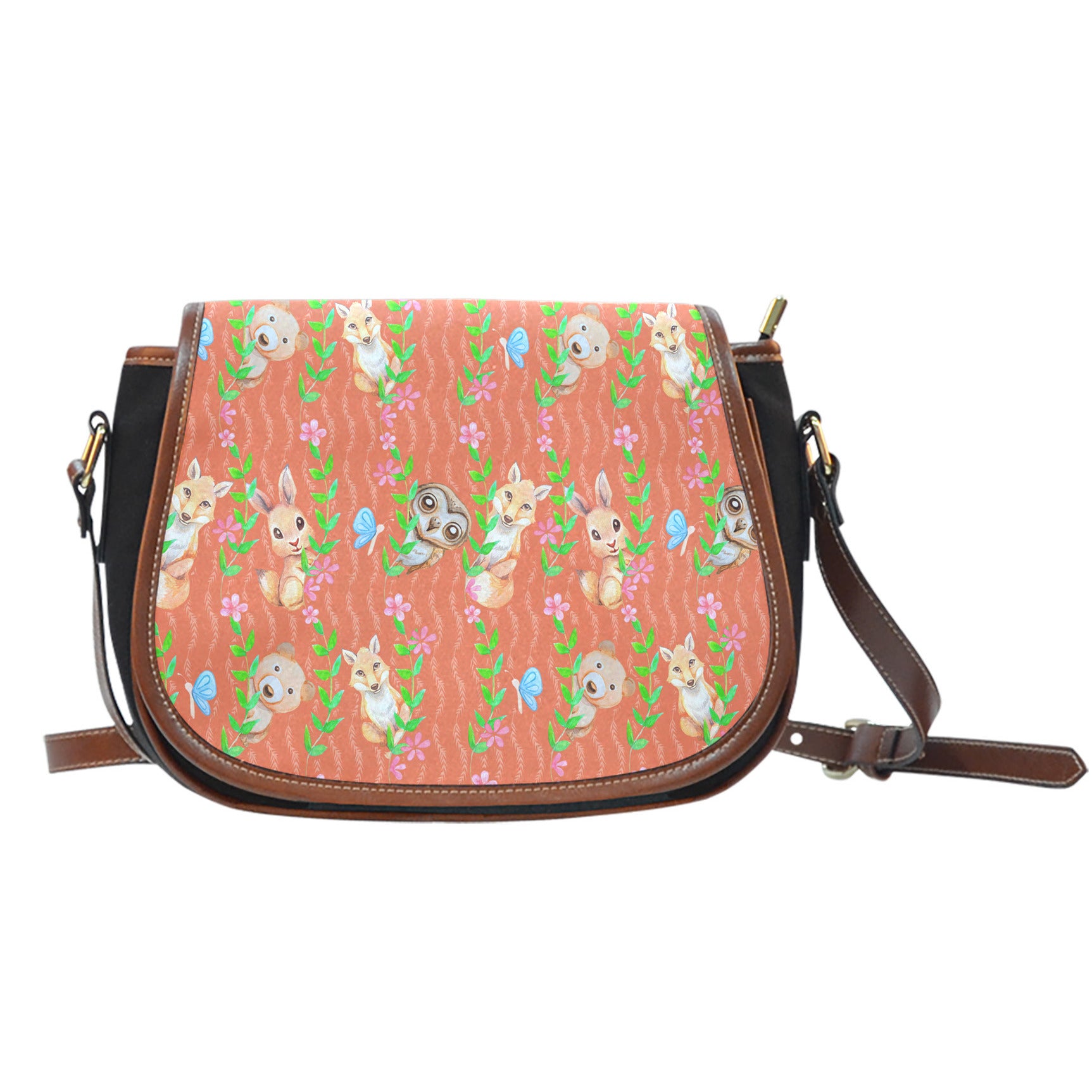 Woodland Themed Design 7 Crossbody Shoulder Canvas Leather Saddle Bag