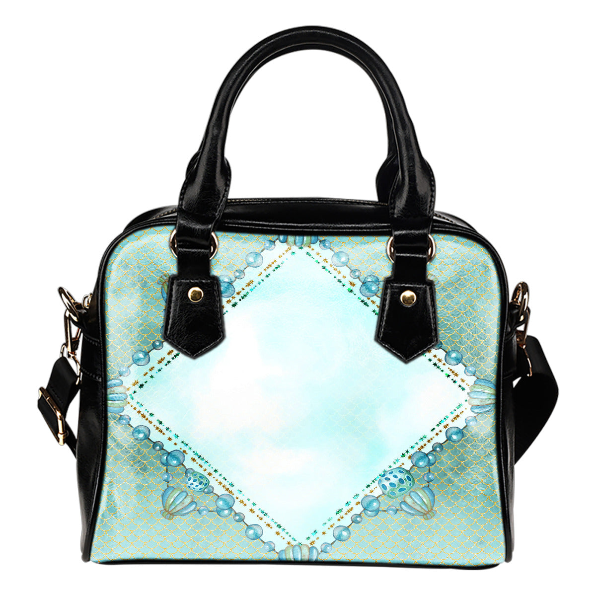 Summer Mermaid Themed Design B11 Women Fashion Shoulder Handbag Black Vegan Faux Leather
