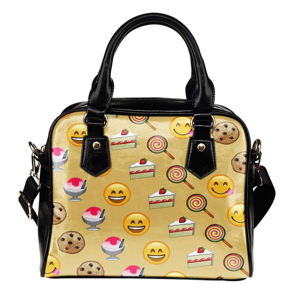 Fun Emojis Sweets Theme Women Fashion Shoulder Handbag Black Vegan Faux Leather - STUDIO 11 COUTURE