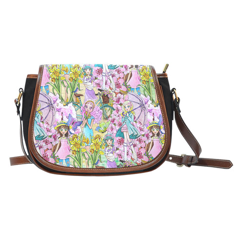 Spring Paper Themed Design 2 Crossbody Shoulder Canvas Leather Saddle Bag