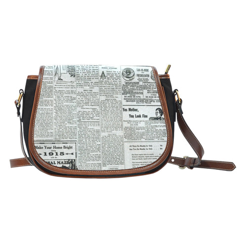 Old Newspaper Themed Design 9 Crossbody Shoulder Canvas Leather Saddle Bag