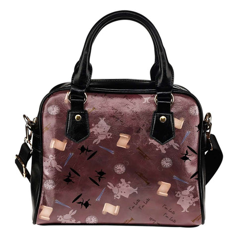 Alice In Wonderland White Rabbit Theme Women Fashion Shoulder Handbag Black Vegan Faux Leather