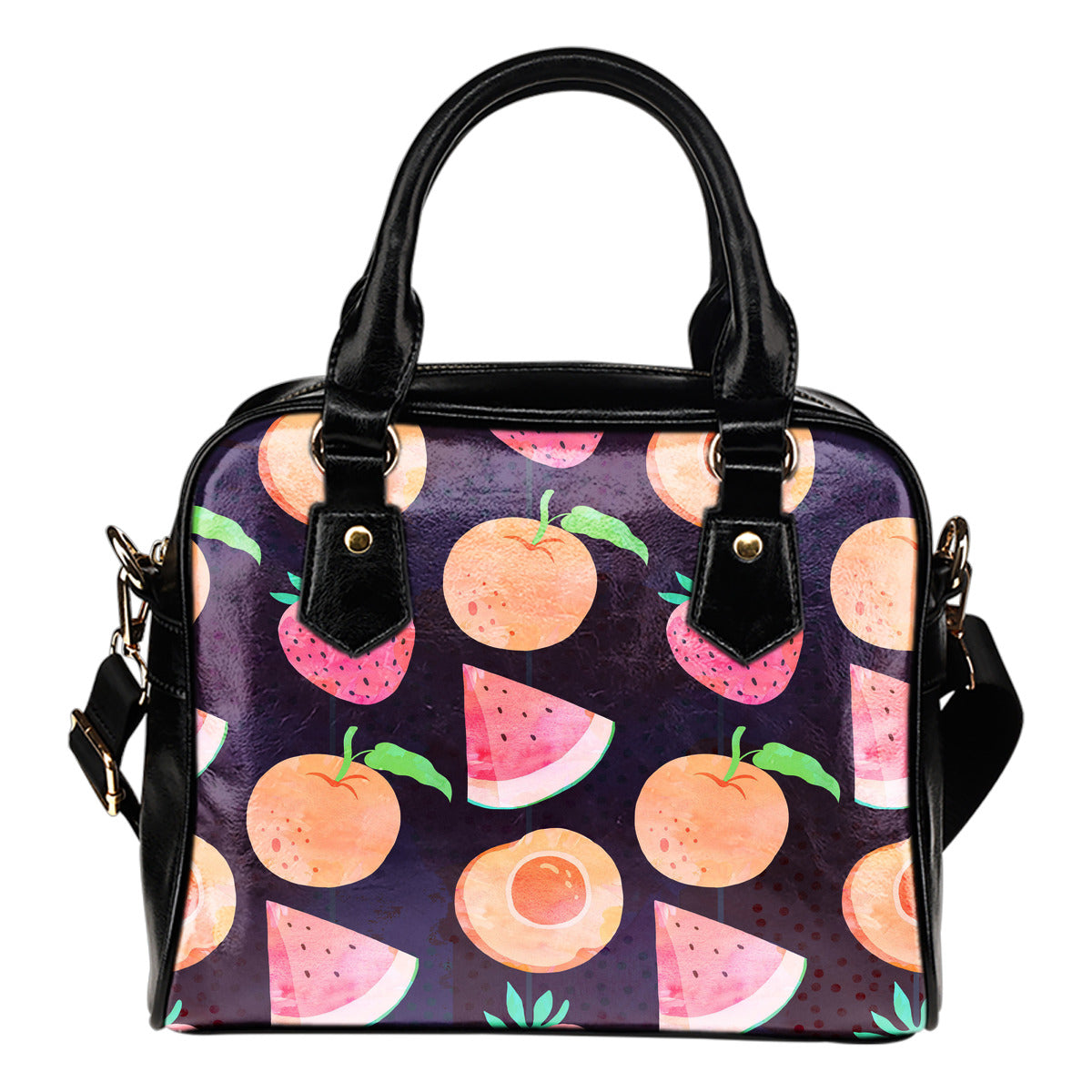 Fruits Themed Design B10 Women Fashion Shoulder Handbag Black Vegan Faux Leather