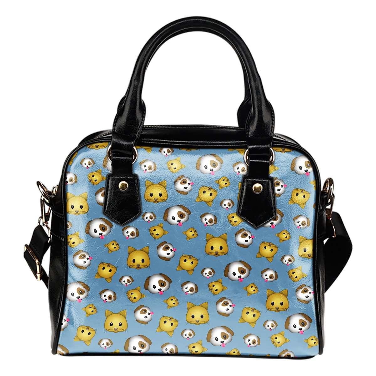 Fun Emojis Cats And Dogs Theme Women Fashion Shoulder Handbag Black Vegan Faux Leather - STUDIO 11 COUTURE