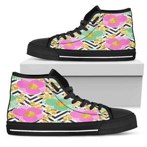 Black and White Zigzag Floral Spring Women High Top Shoes